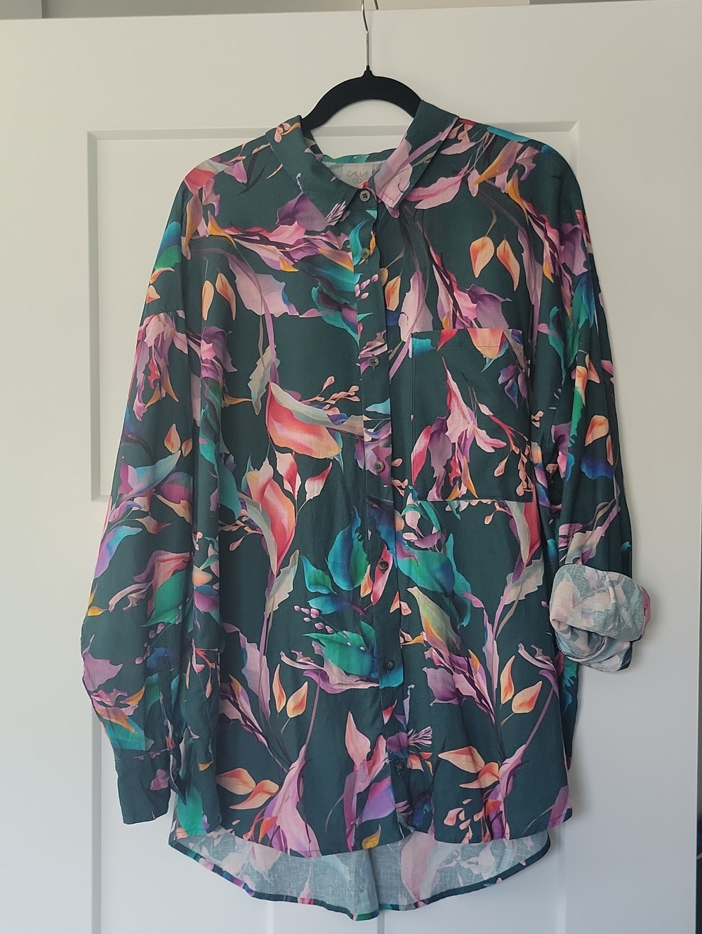 CALIA Linen Blend Teal Floral Button-Down Shirt